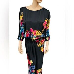 Cache Women’s Sexy Black Multicolor Tropical Floral Split sleeve Jumpsuit Small